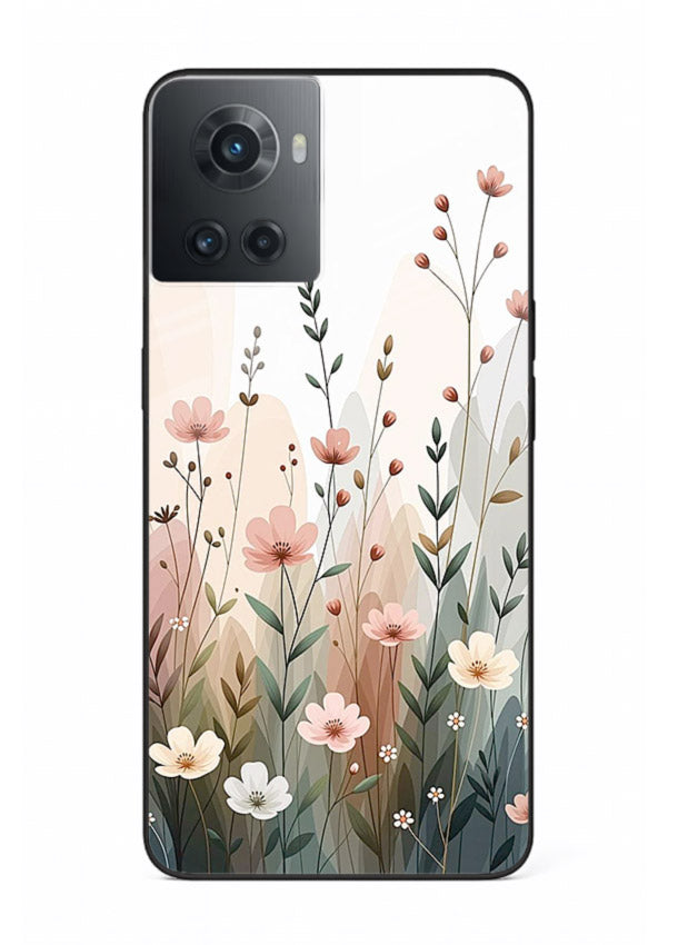 Wild meadow floral artwork on OnePlus 10R glass back cover with soft countryside tones.