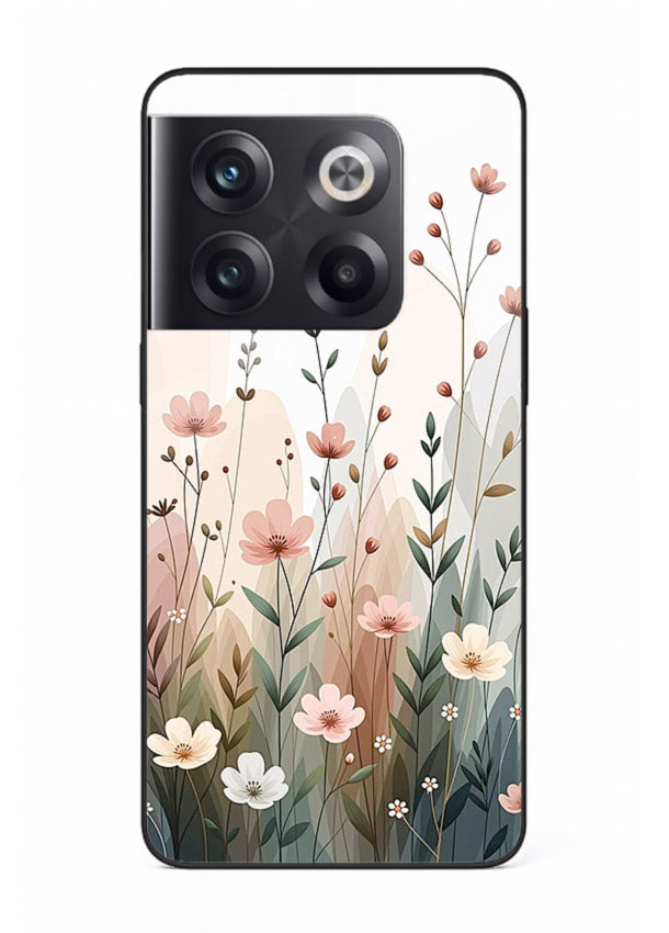 Wild meadow floral artwork on OnePlus 10T glass back cover with soft countryside tones.