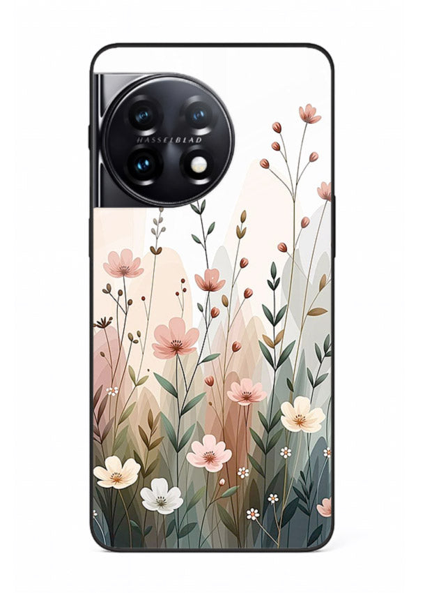 Wild meadow floral artwork on OnePlus 11R glass back cover with soft countryside tones.
