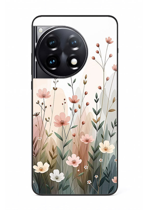 Wild meadow floral artwork on OnePlus 12R glass back cover with soft countryside tones.