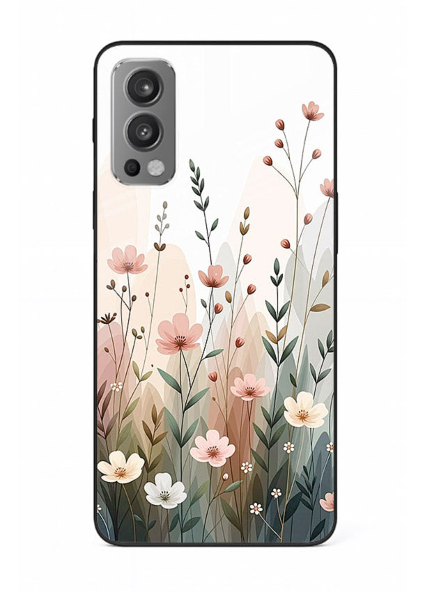 Wild meadow floral artwork on OnePlus Nord 2 glass back cover with soft countryside tones.