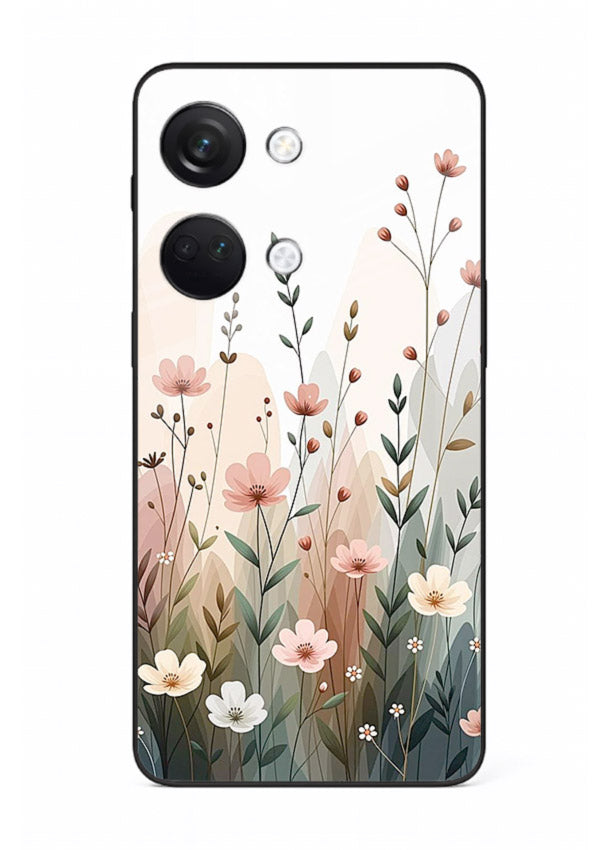 Wild meadow floral artwork on OnePlus Nord 3 glass back cover with soft countryside tones.
