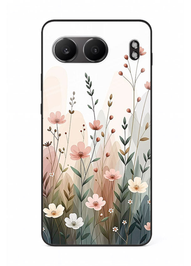 Wild meadow floral artwork on OnePlus Nord 4 glass back cover with soft countryside tones.