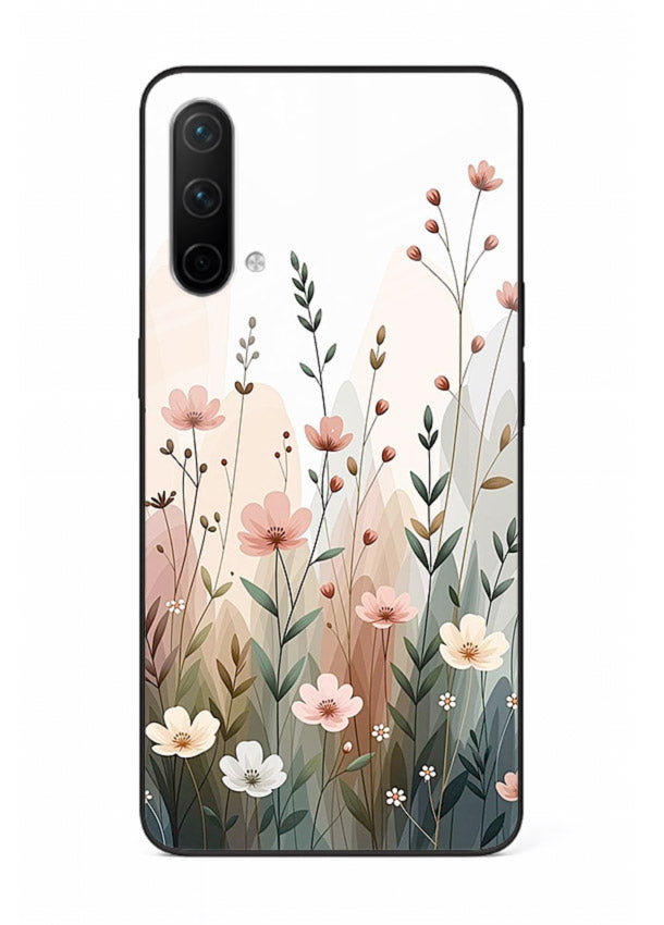 Wild meadow floral artwork on OnePlus Nord CE 5G glass back cover with soft countryside tones.