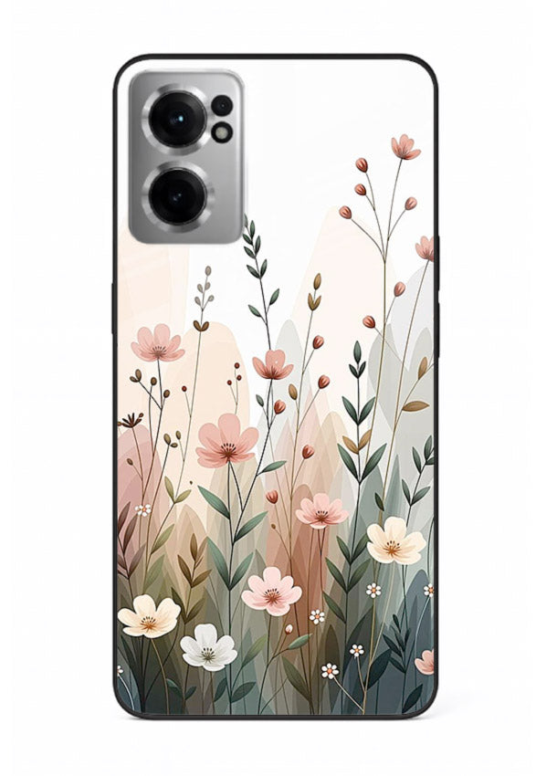 Wild meadow floral artwork on OnePlus Nord CE2 5G glass back cover with soft countryside tones.