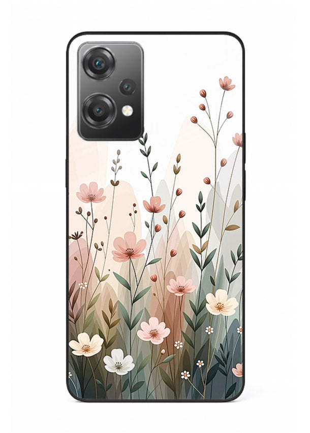 Wild meadow floral artwork on OnePlus Nord CE2 Lite 5G glass back cover with soft countryside tones.