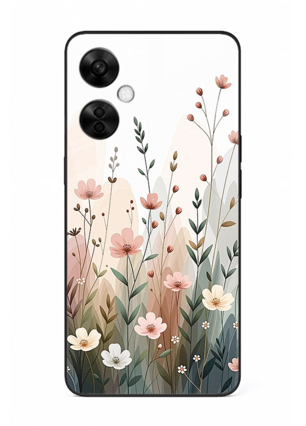 Wild meadow floral artwork on OnePlus Nord CE3 Lite glass back cover with soft countryside tones.