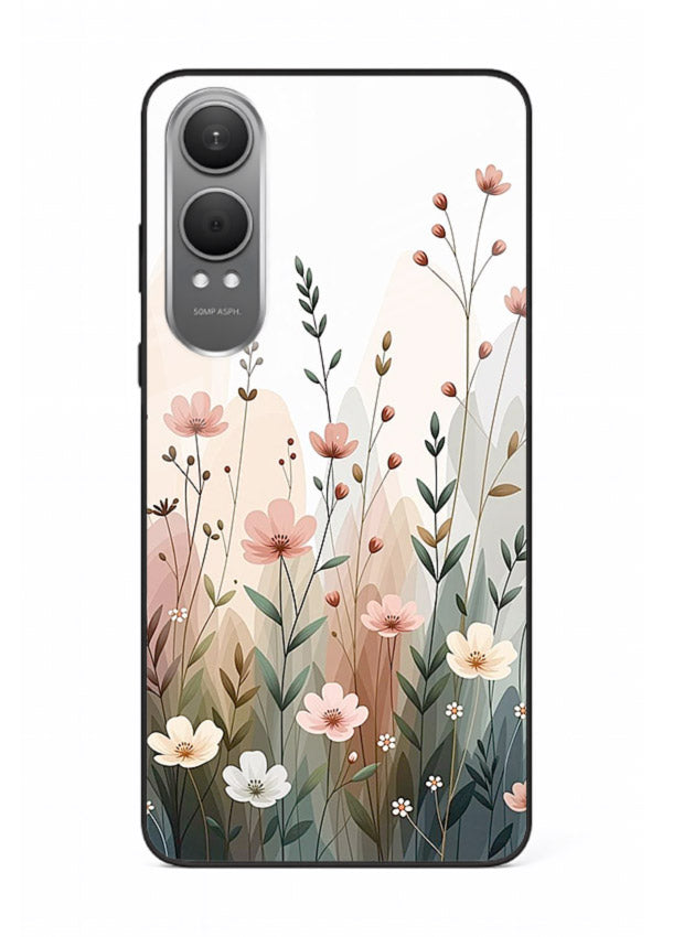 Wild meadow floral artwork on OnePlus Nord CE4 Lite glass back cover with soft countryside tones.