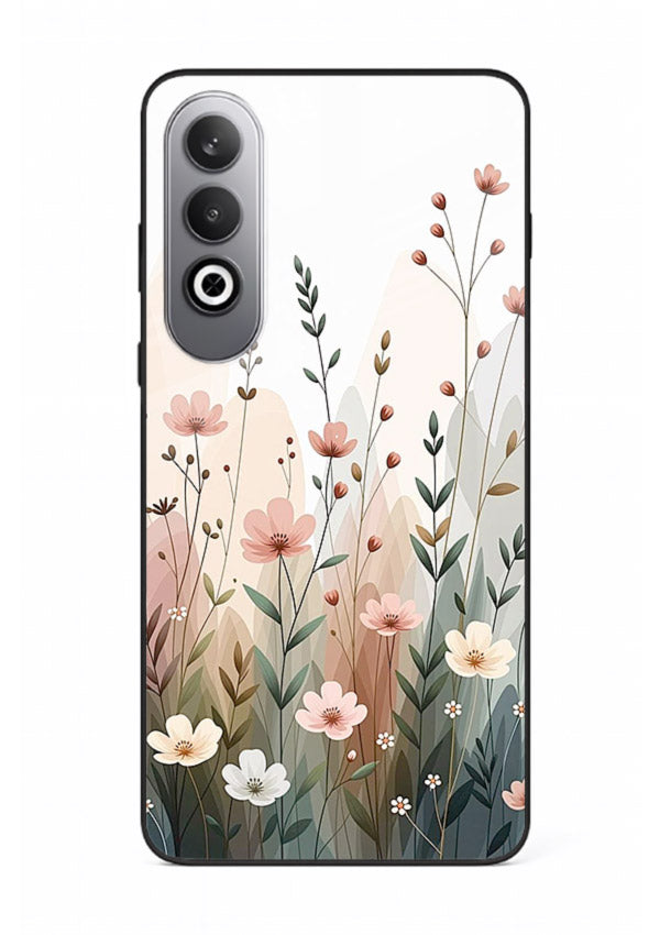 Wild meadow floral artwork on OnePlus Nord CE4 glass back cover with soft countryside tones.