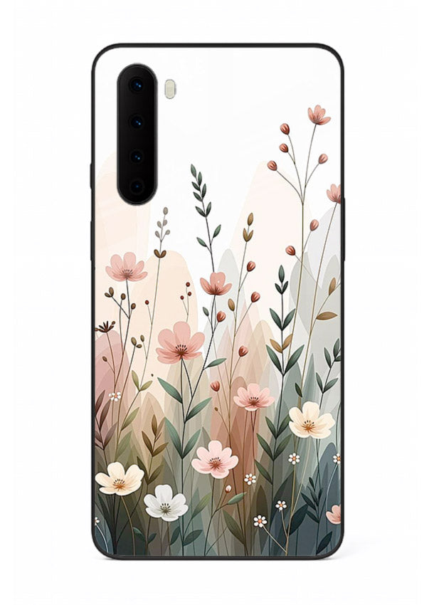 Wild meadow floral artwork on OnePlus Nord glass back cover with soft countryside tones.
