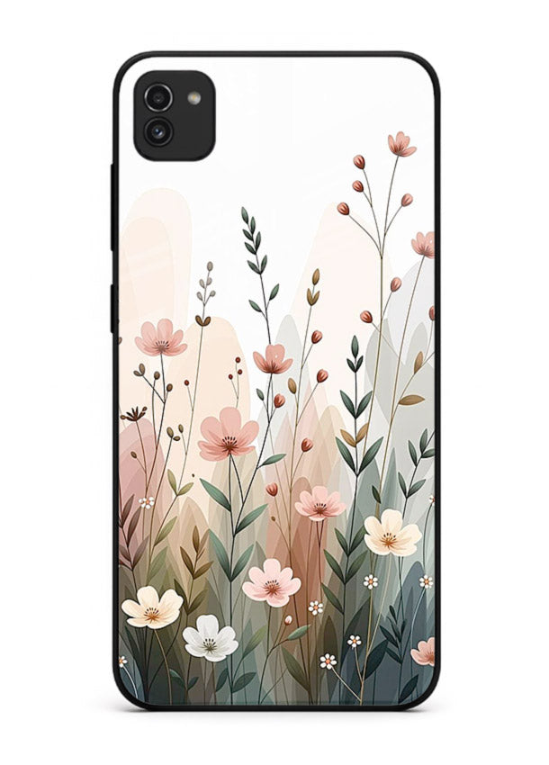 Wild meadow floral artwork on Samsung A03 glass back cover with soft countryside tones.