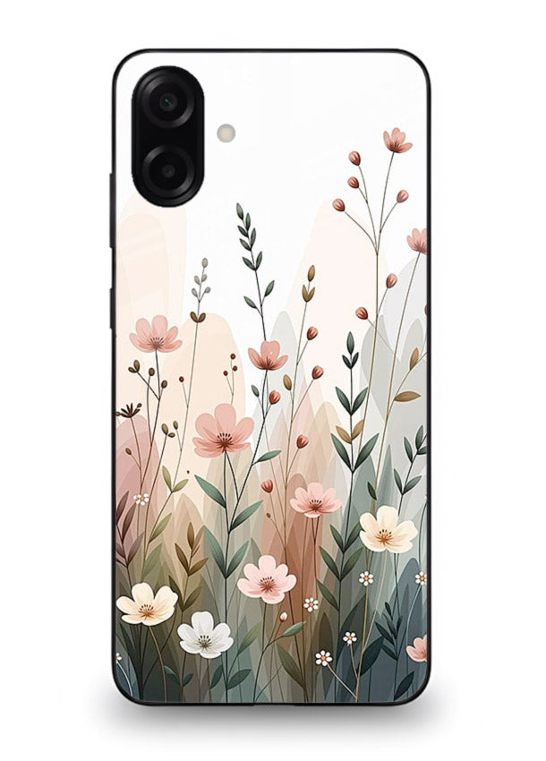 Wild meadow floral artwork on Samsung A07 4G glass back cover with soft countryside tones.