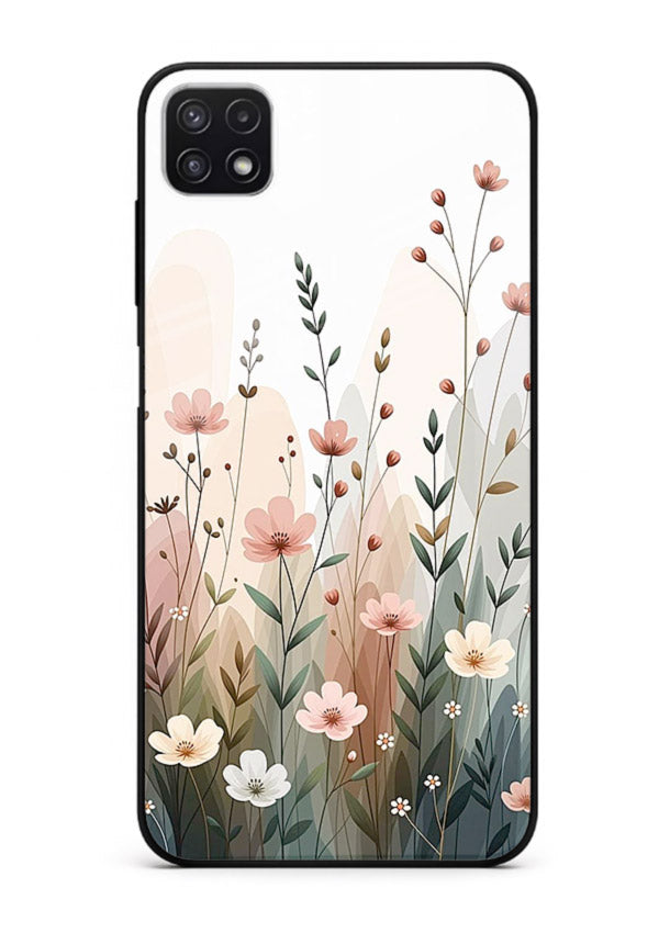 Wild meadow floral artwork on Samsung F42 5G glass back cover with soft countryside tones.
