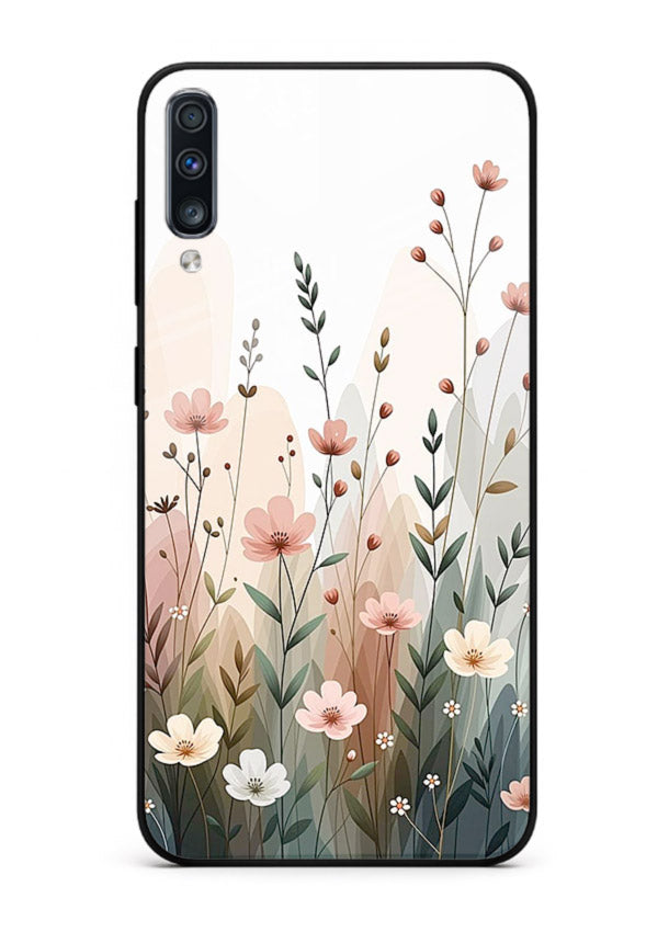 Wild meadow floral artwork on Samsung A50 glass back cover with soft countryside tones.