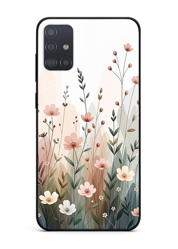 Wild meadow floral artwork on Samsung A71 glass back cover with soft countryside tones.