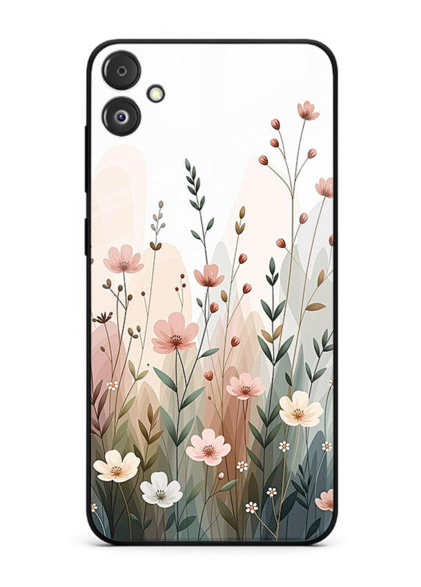Wild meadow floral artwork on Samsung F14 5G glass back cover with soft countryside tones.