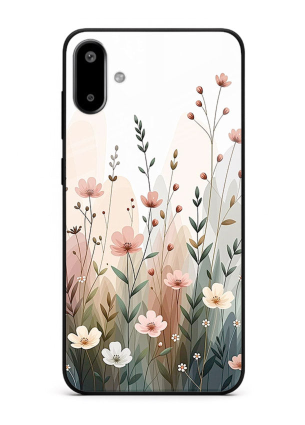Wild meadow floral artwork on Samsung F06 5G glass back cover with soft countryside tones.