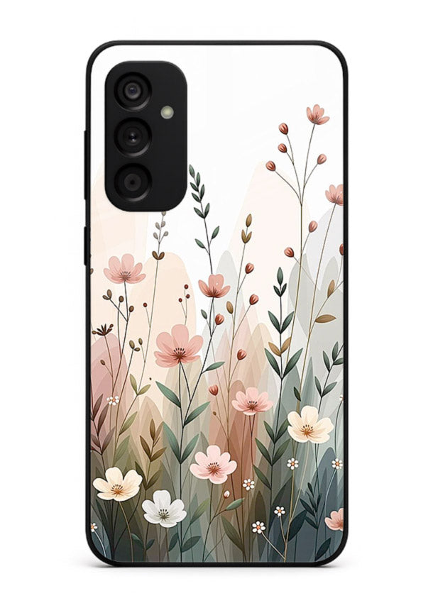 Wild meadow floral artwork on Samsung M15 5G glass back cover with soft countryside tones.