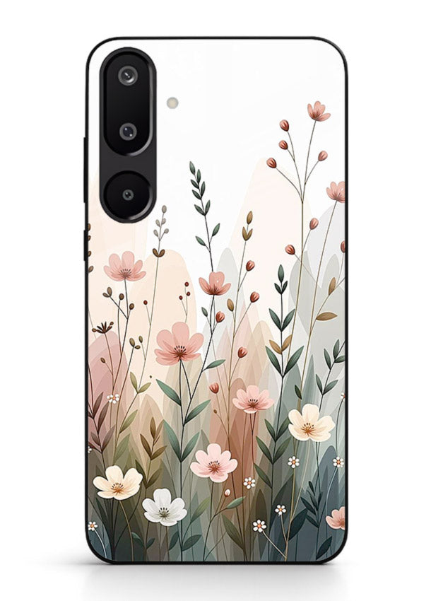Wild meadow floral artwork on Samsung F16 5G glass back cover with soft countryside tones.