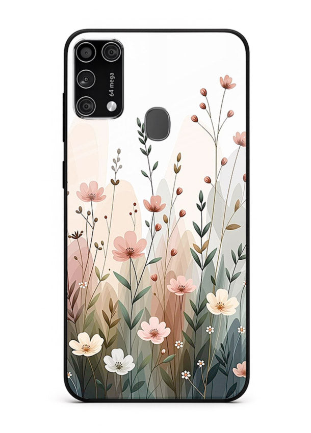 Wild meadow floral artwork on Samsung M31 Prime glass back cover with soft countryside tones.