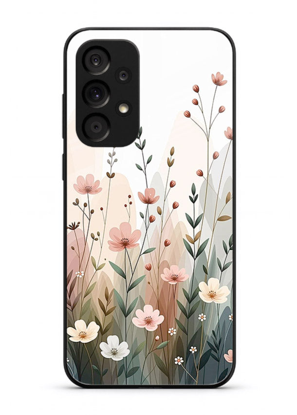 Wild meadow floral artwork on Samsung A73 5G glass back cover with soft countryside tones.