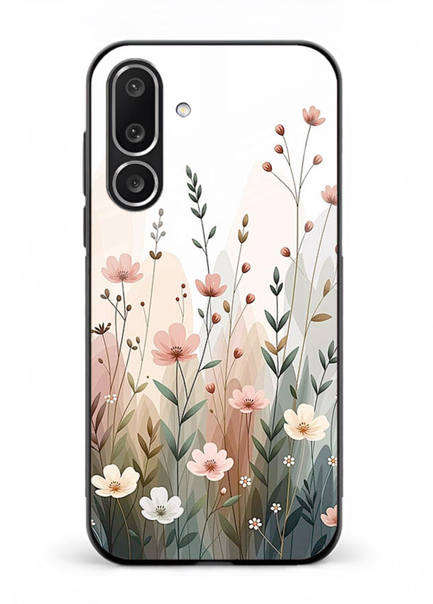 Wild meadow floral artwork on Samsung M36 5G glass back cover with soft countryside tones.