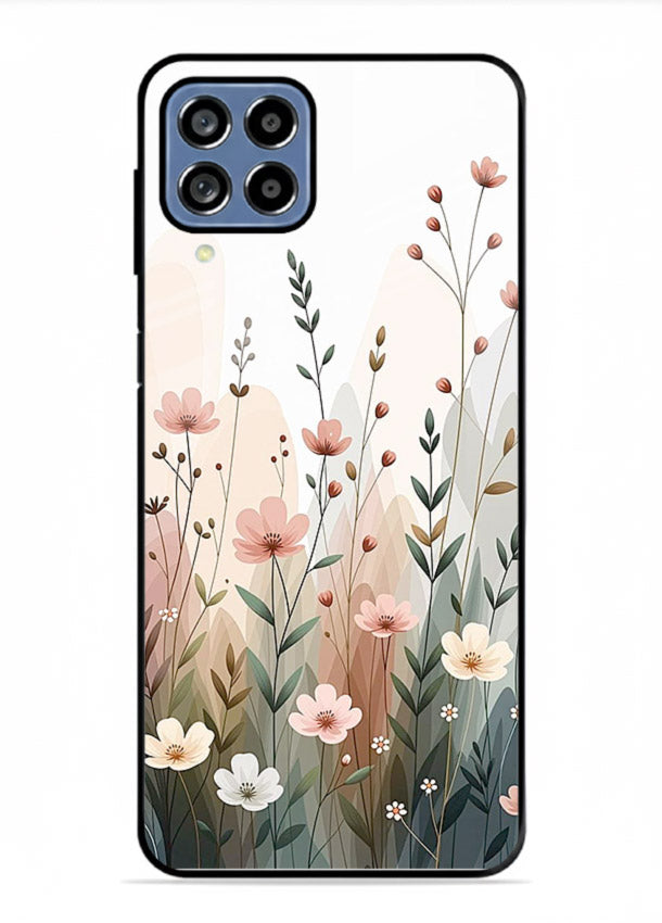 Wild meadow floral artwork on Samsung F12 5G glass back cover with soft countryside tones.