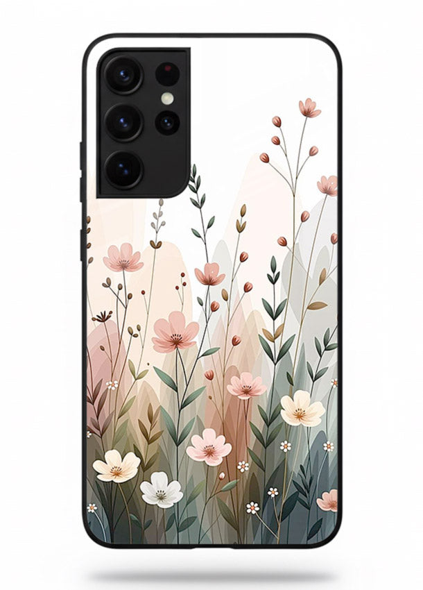 Wild meadow floral artwork on Samsung S21 Ultra glass back cover with soft countryside tones.