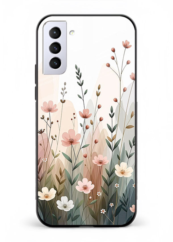 Wild meadow floral artwork on Samsung S21 FE glass back cover with soft countryside tones.