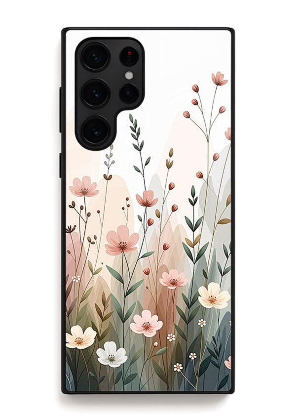 Wild meadow floral artwork on Samsung S24 Ultra glass back cover with soft countryside tones.