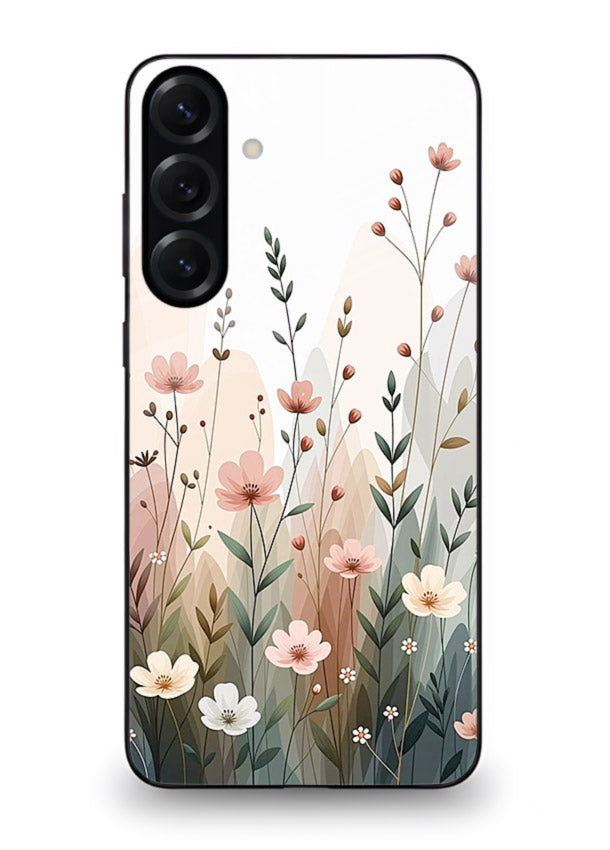 Wild meadow floral artwork on Samsung A16 5G glass back cover with soft countryside tones.