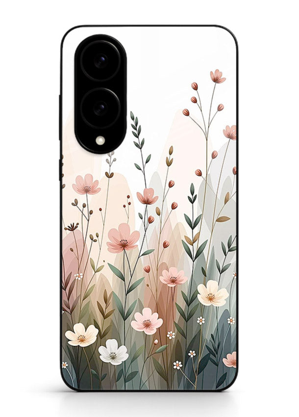 Wild meadow floral artwork on Samsung S25 Edge glass back cover with soft countryside tones.