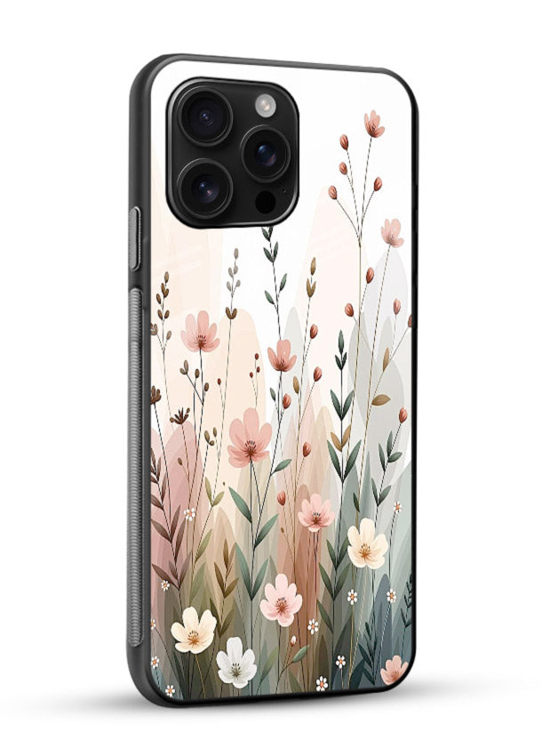 Wild meadow floral artwork on glossy vibrant premium glass back cover with soft countryside tones. - Angle Side