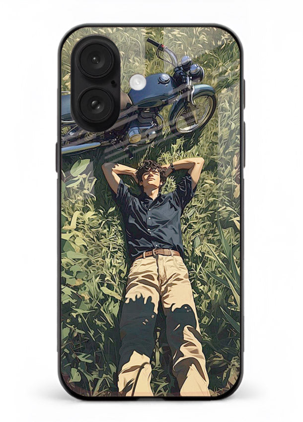 Forest rider lifting bike design on tempered glass iPhone 17 back cover