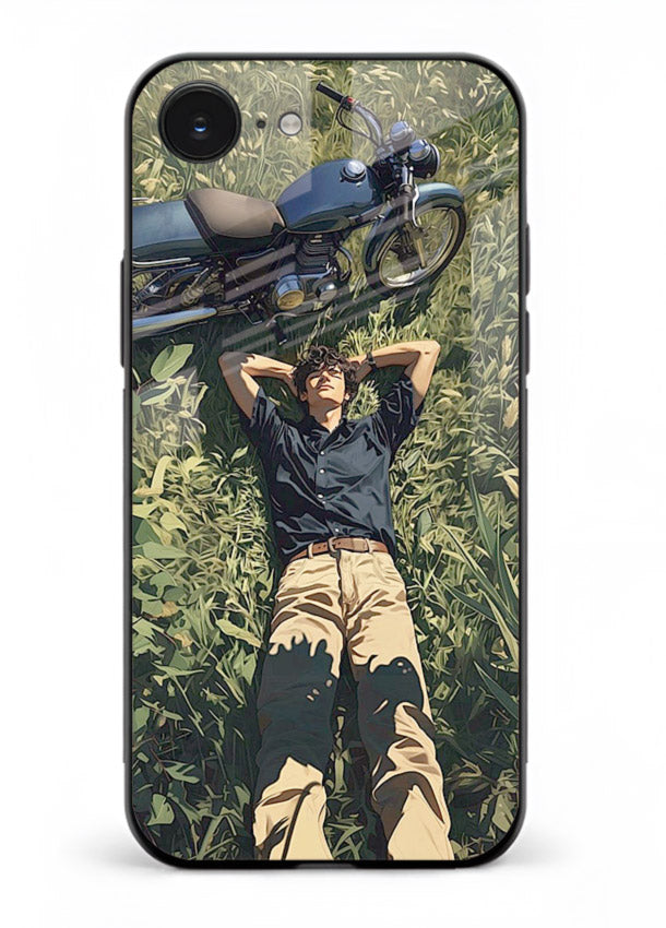 Forest rider lifting bike design on tempered glass iPhone 16E back cover