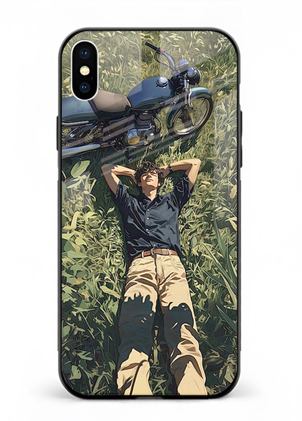 Forest rider lifting bike design on tempered glass iPhone XS Max back cover