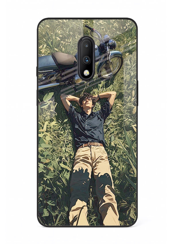 Forest rider lifting bike design on tempered glass OnePlus 7 back cover