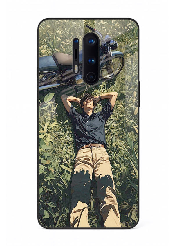 Forest rider lifting bike design on tempered glass OnePlus 8 Pro back cover