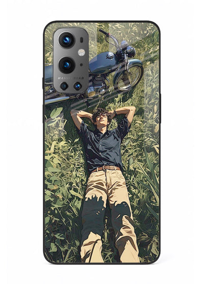 Forest rider lifting bike design on tempered glass OnePlus 9 back cover
