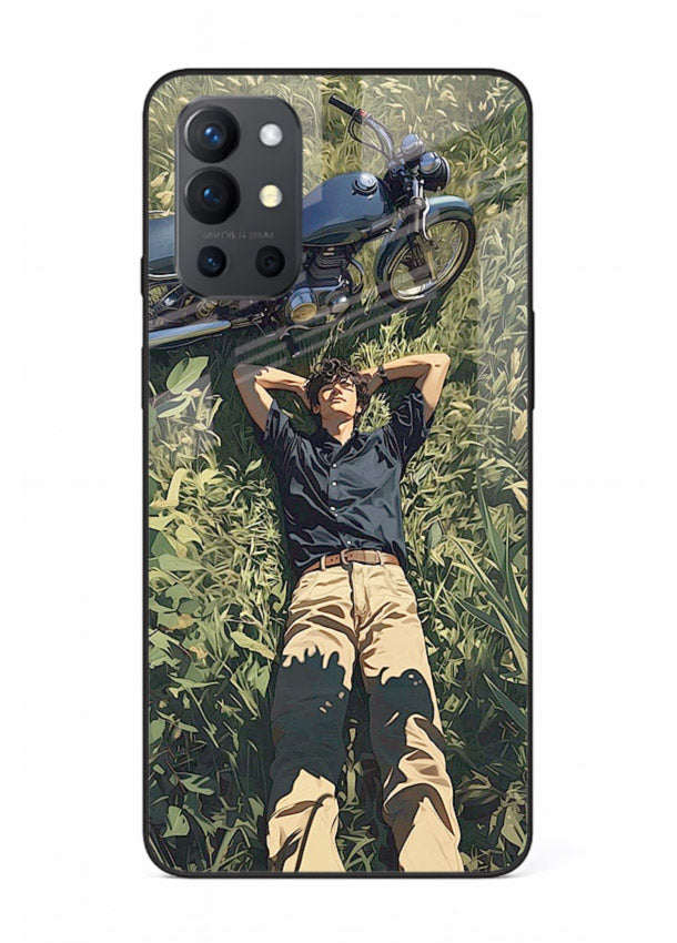 Forest rider lifting bike design on tempered glass OnePlus 9R back cover