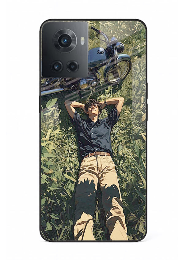 Forest rider lifting bike design on tempered glass OnePlus 10R back cover