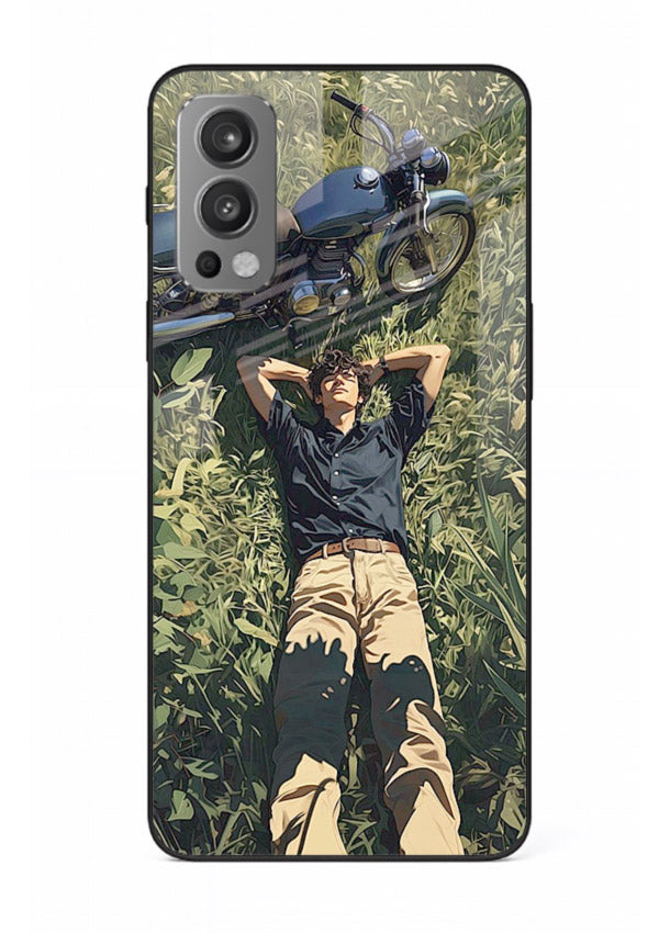 Forest rider lifting bike design on tempered glass OnePlus Nord 2 back cover