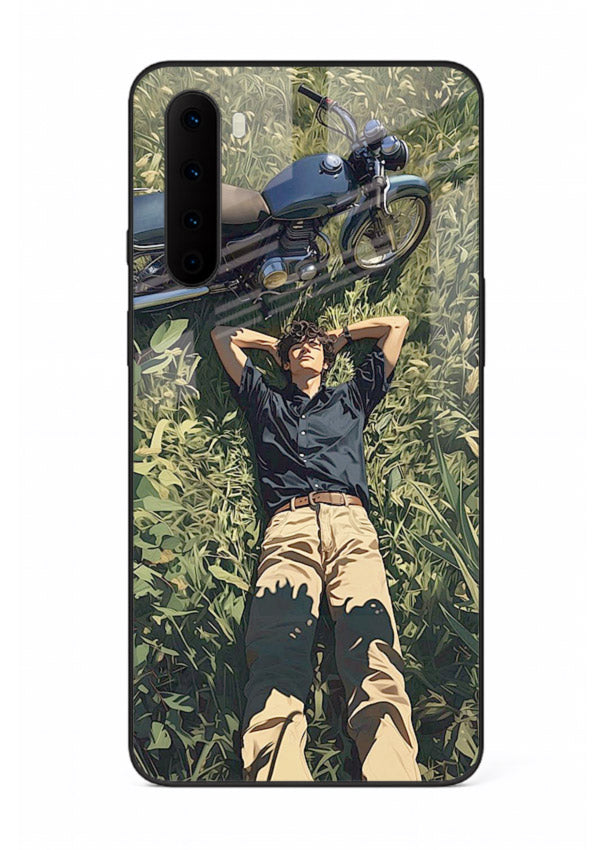 Forest rider lifting bike design on tempered glass OnePlus Nord back cover