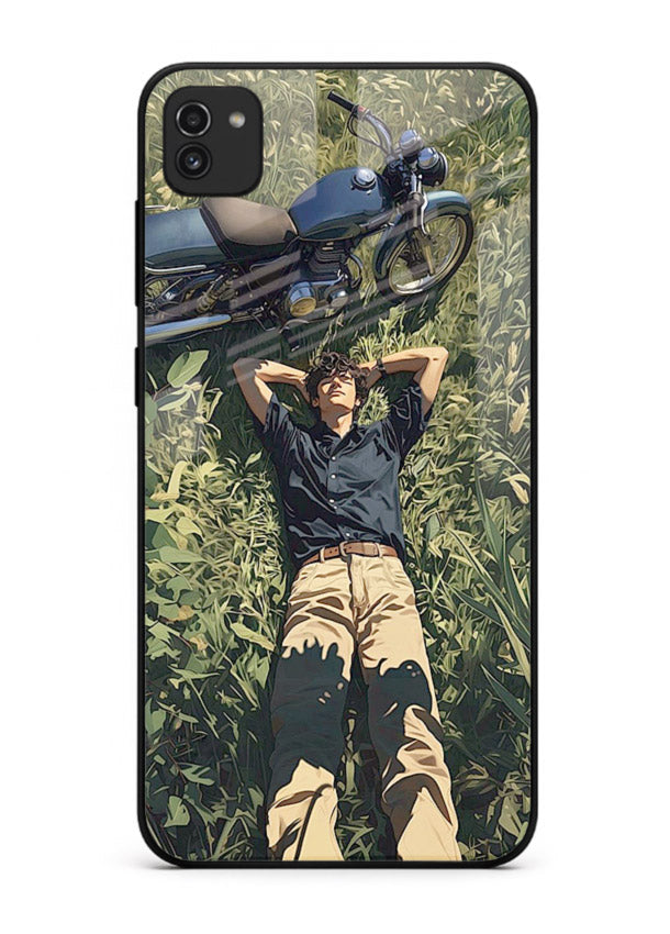 Forest rider lifting bike design on tempered glass Samsung A03 back cover