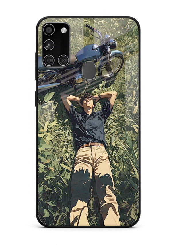 Forest rider lifting bike design on tempered glass Samsung A21s back cover
