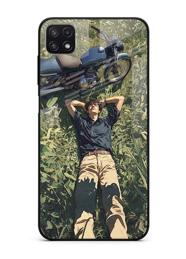 Forest rider lifting bike design on tempered glass Samsung A22 5G back cover