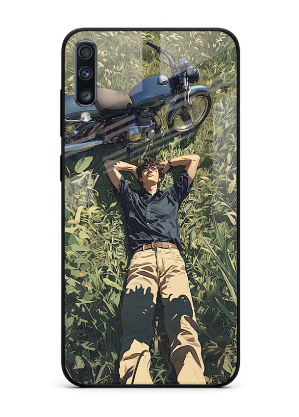 Forest rider lifting bike design on tempered glass Samsung A50 back cover