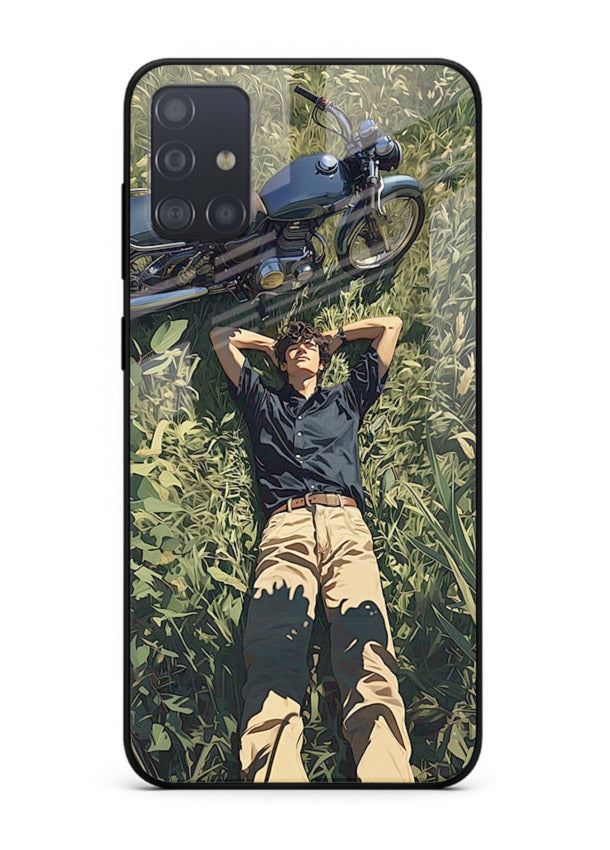 Forest rider lifting bike design on tempered glass Samsung A71 back cover