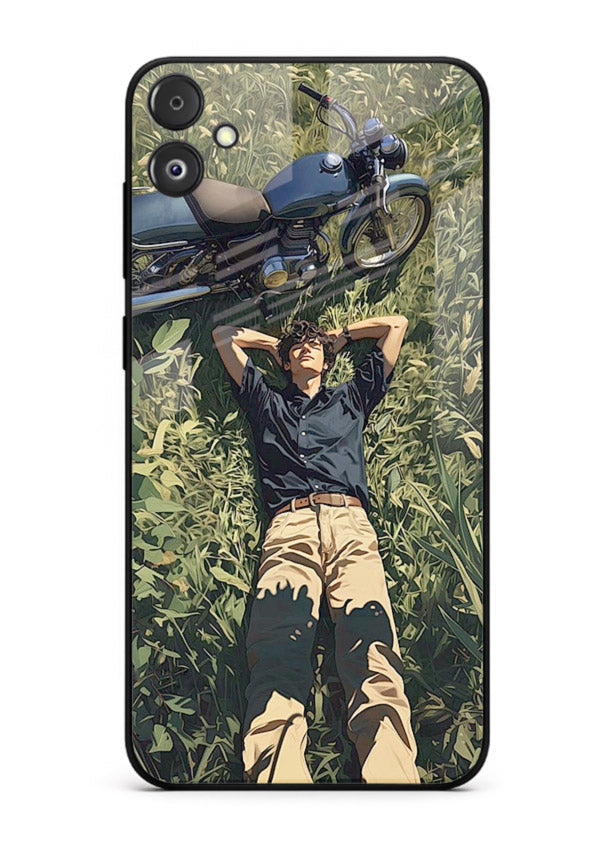 Forest rider lifting bike design on tempered glass Samsung F14 5G back cover