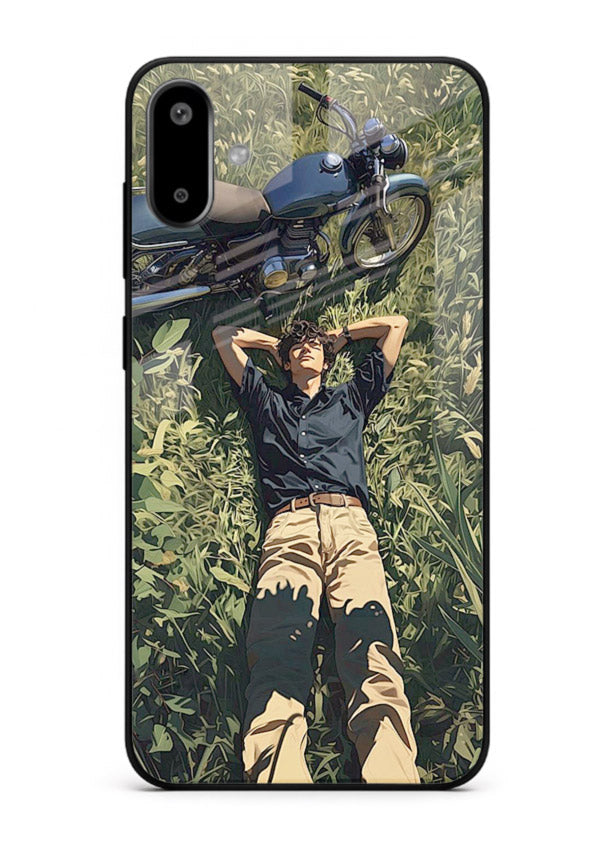 Forest rider lifting bike design on tempered glass Samsung F06 5G back cover